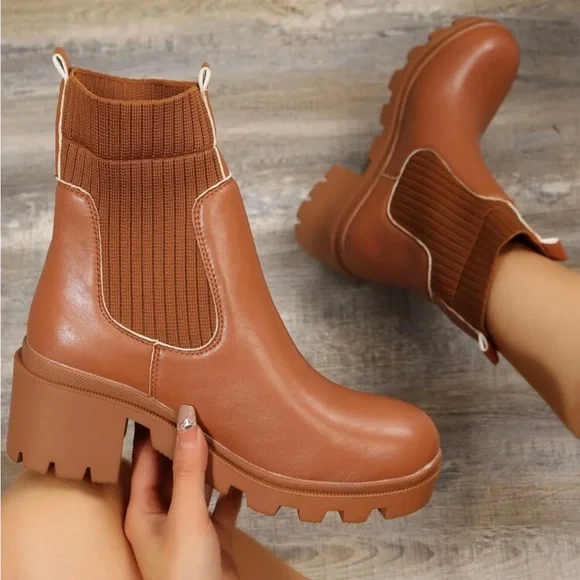 Camel Brown Tan Motto Style Chunky Heel Combat Sock Free People Chelsea Boots - Picture 5 of 7